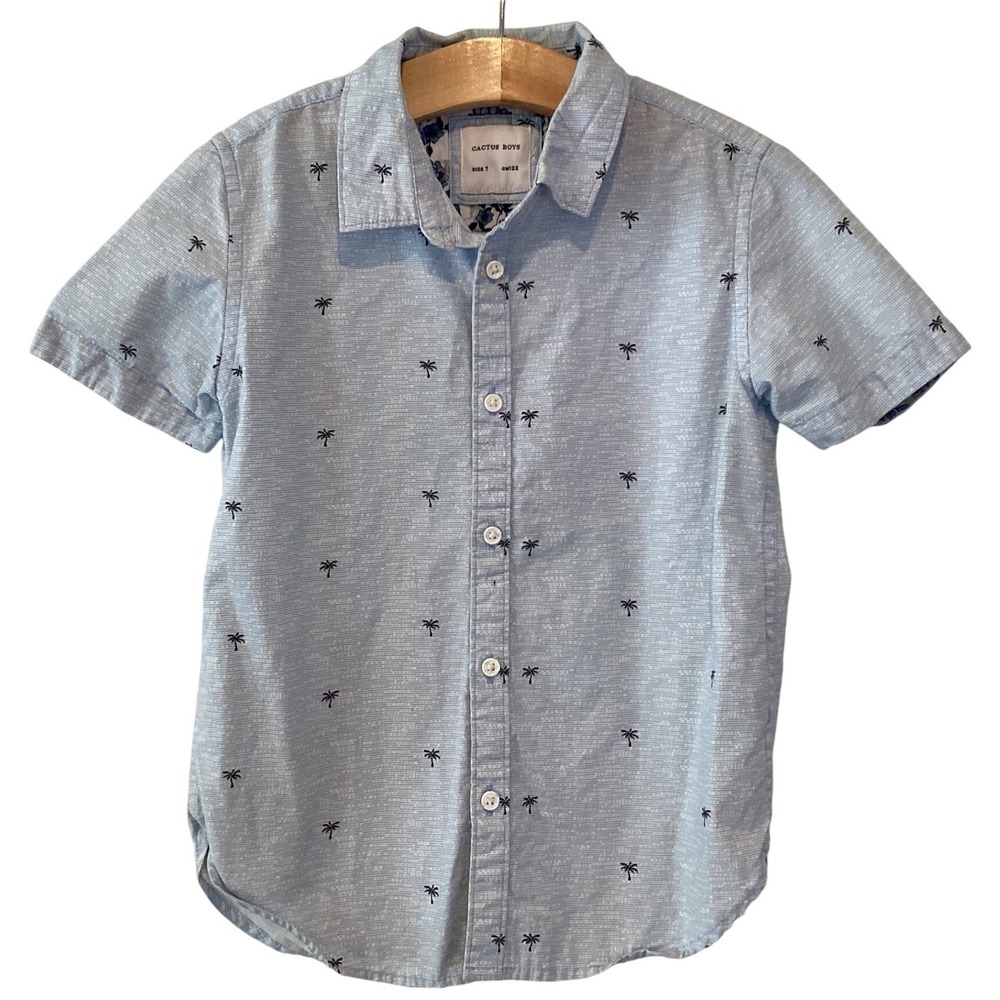 Cactus Boys Light Blue Palm Tree Print Short Sleeve Button Down Shirt Size 7
